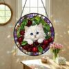 Cat Stained Glass Suncatcher, Cherry Blossom Cat Window Hanging, Floral Sun Catcher, Spring Home Decor, Cat Lover Gift, Mothers Day Gift - Style 4