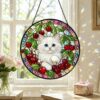 Cat Stained Glass Suncatcher, Cherry Blossom Cat Window Hanging, Floral Sun Catcher, Spring Home Decor, Cat Lover Gift, Mothers Day Gift - Style 5
