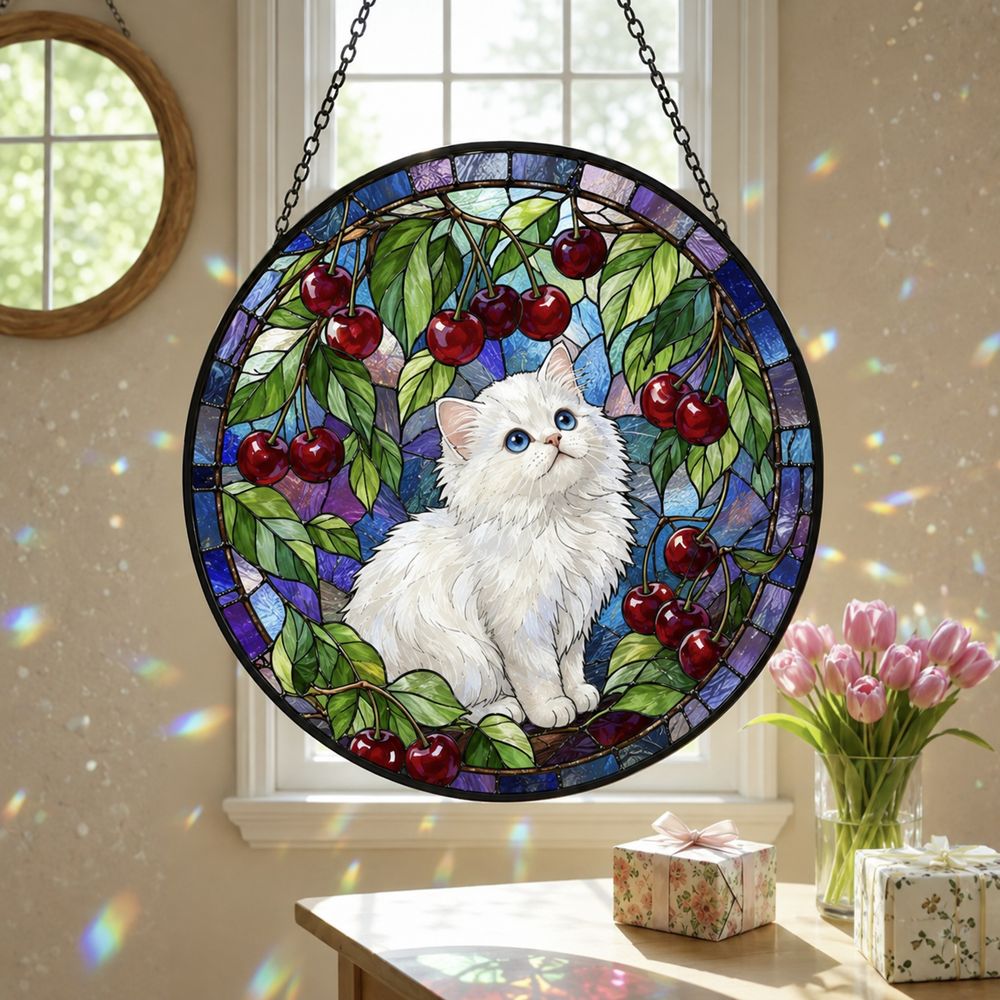 Cat Stained Glass Suncatcher, Cherry Blossom Cat Window Hanging, Floral Sun Catcher, Spring Home Decor, Cat Lover Gift, Mothers Day Gift - Style 6