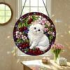 Cat Stained Glass Suncatcher, Cherry Blossom Cat Window Hanging, Floral Sun Catcher, Spring Home Decor, Cat Lover Gift, Mothers Day Gift - Style 7