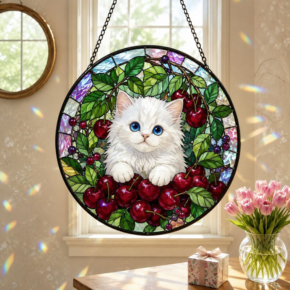 Cat Stained Glass Suncatcher, Cherry Blossom Cat Window Hanging, Floral Sun Catcher, Spring Home Decor, Cat Lover Gift, Mothers Day Gift - Style 8