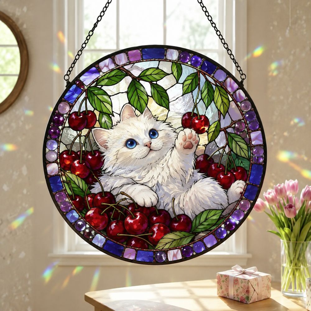 Cat Stained Glass Suncatcher, Cherry Blossom Cat Window Hanging, Floral Sun Catcher, Spring Home Decor, Cat Lover Gift, Mothers Day Gift - Style 9