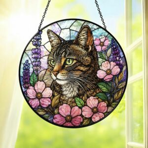 Cat Stained Glass Suncatcher With Floral Design, Colorful Window Hanging Ornament, Cat Sun Catcher Home Decor - Style 1