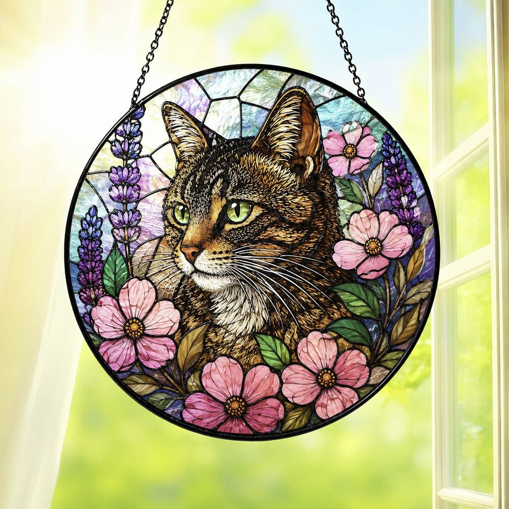 Cat Stained Glass Suncatcher With Floral Design, Colorful Window Hanging Ornament, Cat Sun Catcher Home Decor - Style 1