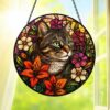 Cat Stained Glass Suncatcher With Floral Design, Colorful Window Hanging Ornament, Cat Sun Catcher Home Decor - Style 10