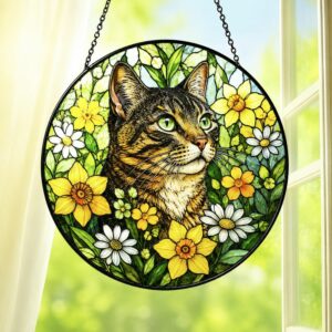 Cat Stained Glass Suncatcher With Floral Design, Colorful Window Hanging Ornament, Cat Sun Catcher Home Decor - Style 2