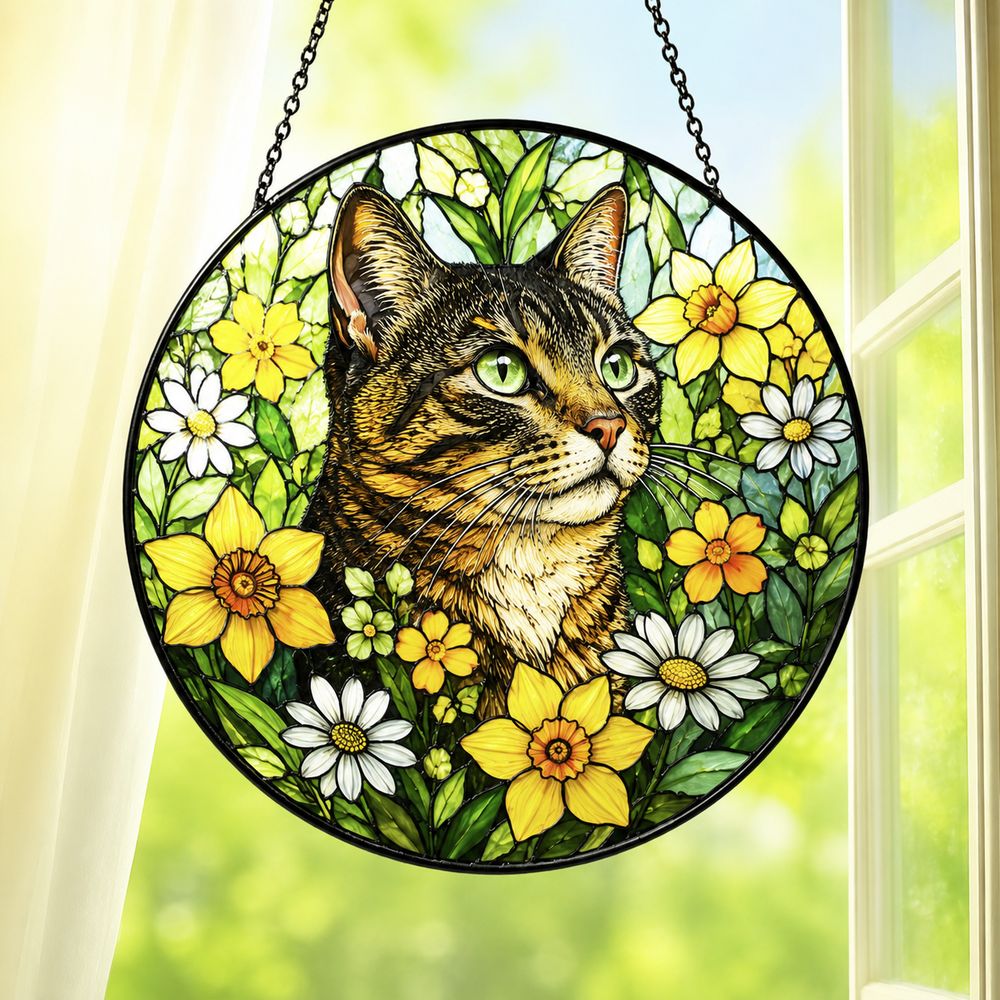 Cat Stained Glass Suncatcher With Floral Design, Colorful Window Hanging Ornament, Cat Sun Catcher Home Decor - Style 2