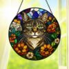 Cat Stained Glass Suncatcher With Floral Design, Colorful Window Hanging Ornament, Cat Sun Catcher Home Decor - Style 3