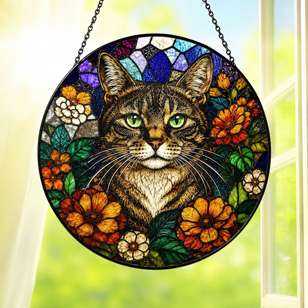 Cat Stained Glass Suncatcher With Floral Design, Colorful Window Hanging Ornament, Cat Sun Catcher Home Decor - Style 3