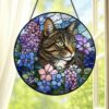 Cat Stained Glass Suncatcher With Floral Design, Colorful Window Hanging Ornament, Cat Sun Catcher Home Decor - Style 4