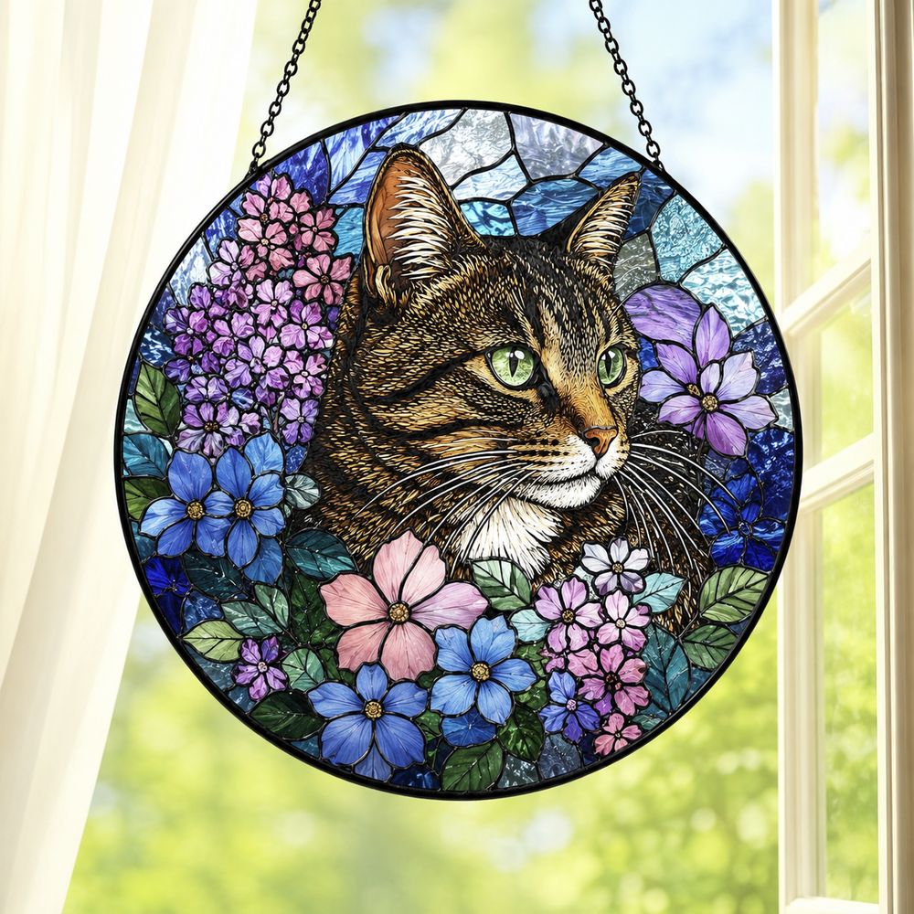 Cat Stained Glass Suncatcher With Floral Design, Colorful Window Hanging Ornament, Cat Sun Catcher Home Decor - Style 4