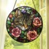 Cat Stained Glass Suncatcher With Floral Design, Colorful Window Hanging Ornament, Cat Sun Catcher Home Decor - Style 5