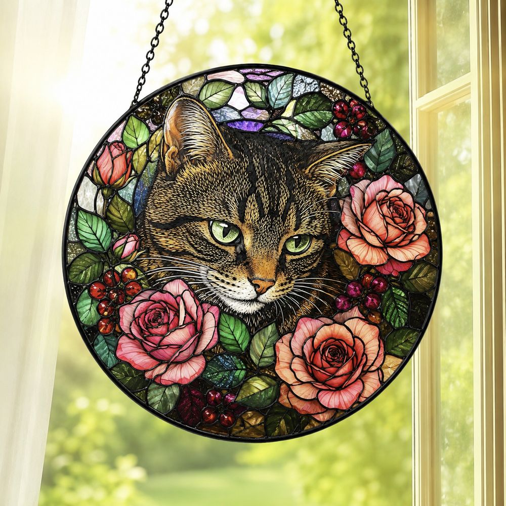Cat Stained Glass Suncatcher With Floral Design, Colorful Window Hanging Ornament, Cat Sun Catcher Home Decor - Style 5