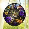 Cat Stained Glass Suncatcher With Floral Design, Colorful Window Hanging Ornament, Cat Sun Catcher Home Decor - Style 6