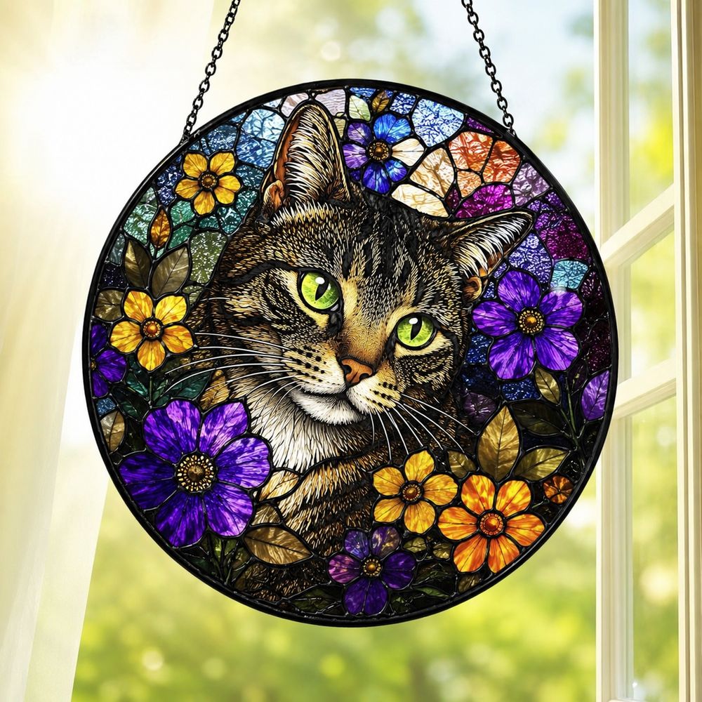 Cat Stained Glass Suncatcher With Floral Design, Colorful Window Hanging Ornament, Cat Sun Catcher Home Decor - Style 6