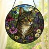 Cat Stained Glass Suncatcher With Floral Design, Colorful Window Hanging Ornament, Cat Sun Catcher Home Decor - Style 7
