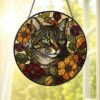Cat Stained Glass Suncatcher With Floral Design, Colorful Window Hanging Ornament, Cat Sun Catcher Home Decor - Style 8