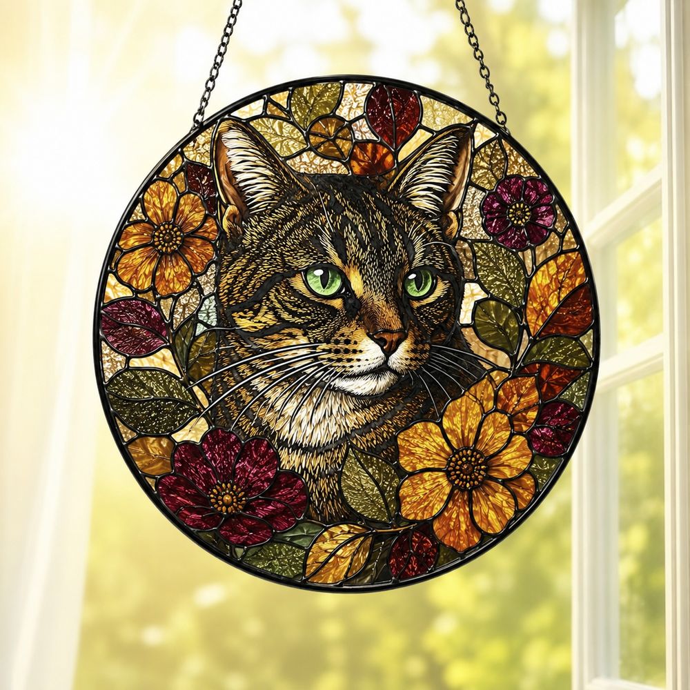 Cat Stained Glass Suncatcher With Floral Design, Colorful Window Hanging Ornament, Cat Sun Catcher Home Decor - Style 8