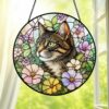 Cat Stained Glass Suncatcher With Floral Design, Colorful Window Hanging Ornament, Cat Sun Catcher Home Decor - Style 9