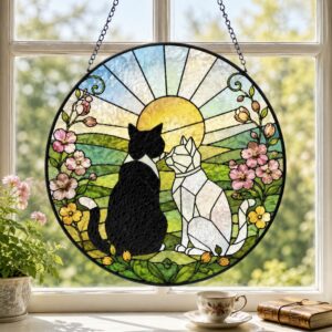 Custom Black White Cat Garden Stained Glass Suncatcher Window Hanging Pet Memorial Gift, Mom Grandma Gift For Her Friends - Style 1