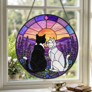 Custom Black White Cat Garden Stained Glass Suncatcher Window Hanging Pet Memorial Gift, Mom Grandma Gift For Her Friends - Style 2