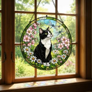 Custom Cat Stained Glass Suncatcher, Pet Lovers Window Hanging, Animal Home Decoration Birthday Gift For Cats Lover, Butterfly Suncatchers - Style 1