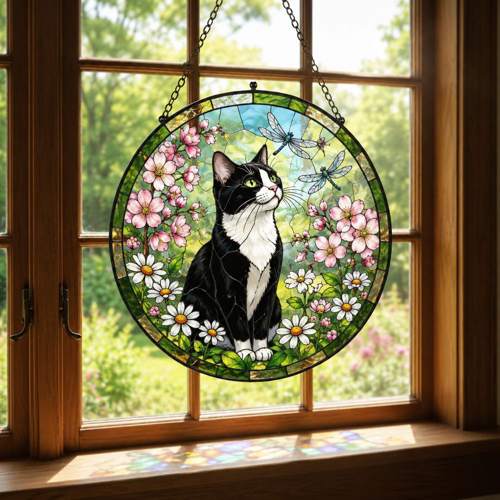 Custom Cat Stained Glass Suncatcher, Pet Lovers Window Hanging, Animal Home Decoration Birthday Gift For Cats Lover, Butterfly Suncatchers - Style 1