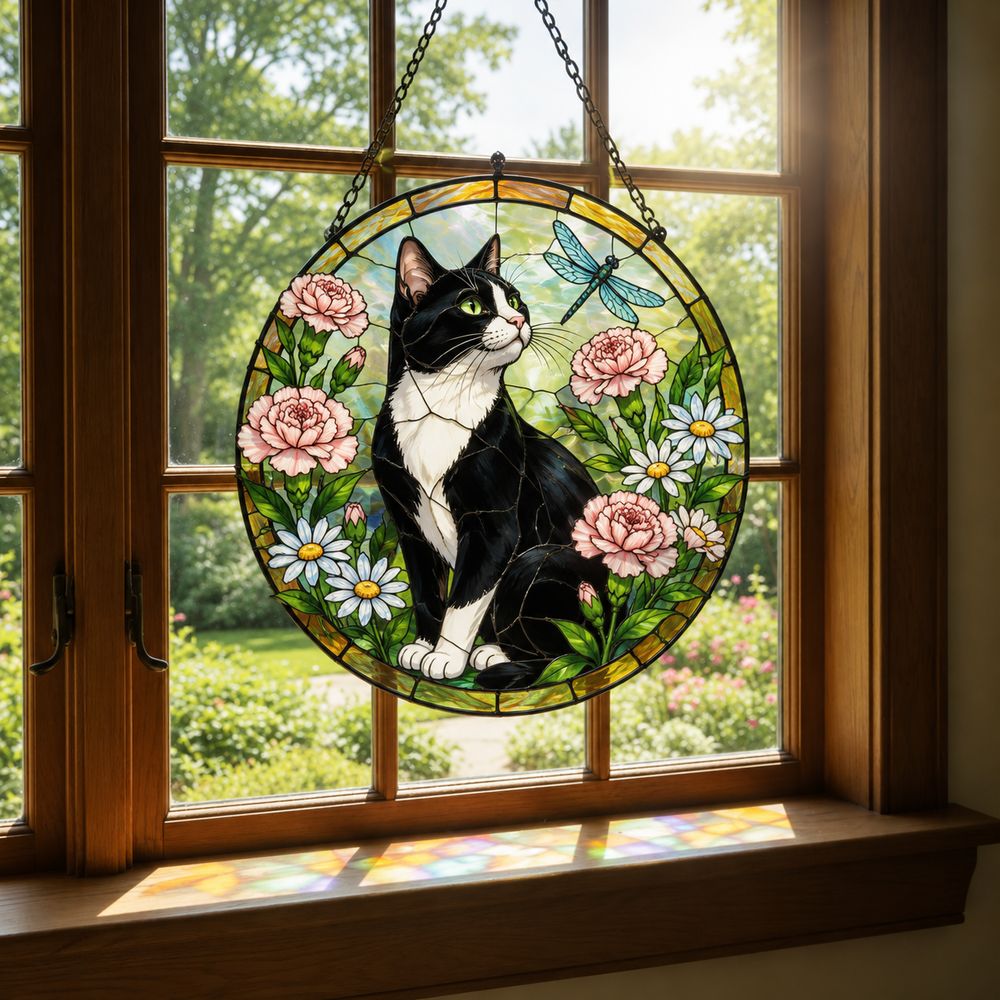 Custom Cat Stained Glass Suncatcher, Pet Lovers Window Hanging, Animal Home Decoration Birthday Gift For Cats Lover, Butterfly Suncatchers - Style 10