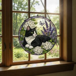 Custom Cat Stained Glass Suncatcher, Pet Lovers Window Hanging, Animal Home Decoration Birthday Gift For Cats Lover, Butterfly Suncatchers - Style 2
