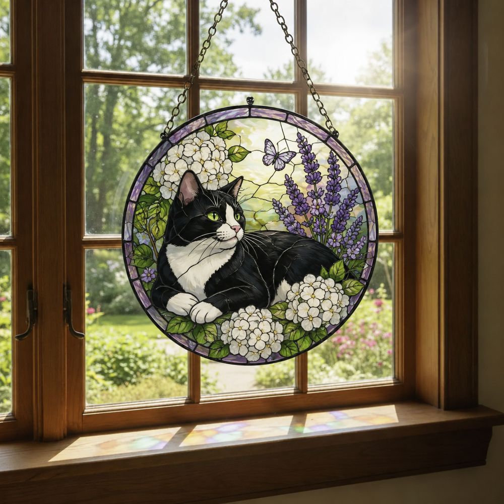Custom Cat Stained Glass Suncatcher, Pet Lovers Window Hanging, Animal Home Decoration Birthday Gift For Cats Lover, Butterfly Suncatchers - Style 2