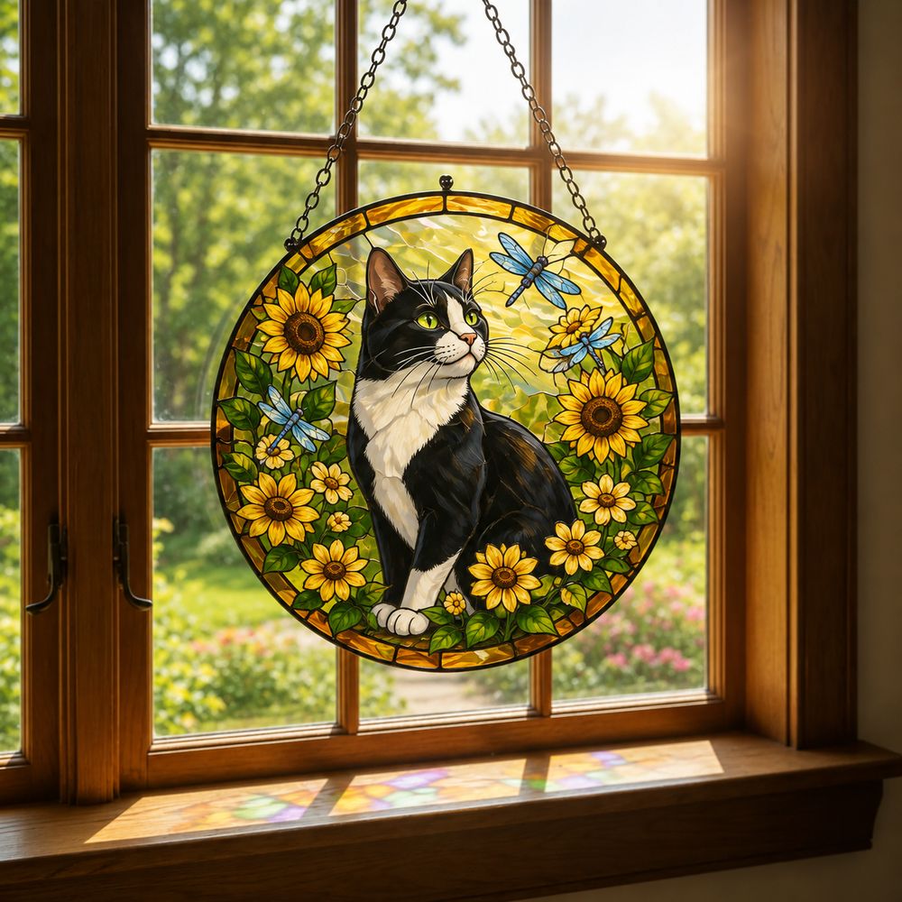 Custom Cat Stained Glass Suncatcher, Pet Lovers Window Hanging, Animal Home Decoration Birthday Gift For Cats Lover, Butterfly Suncatchers - Style 3