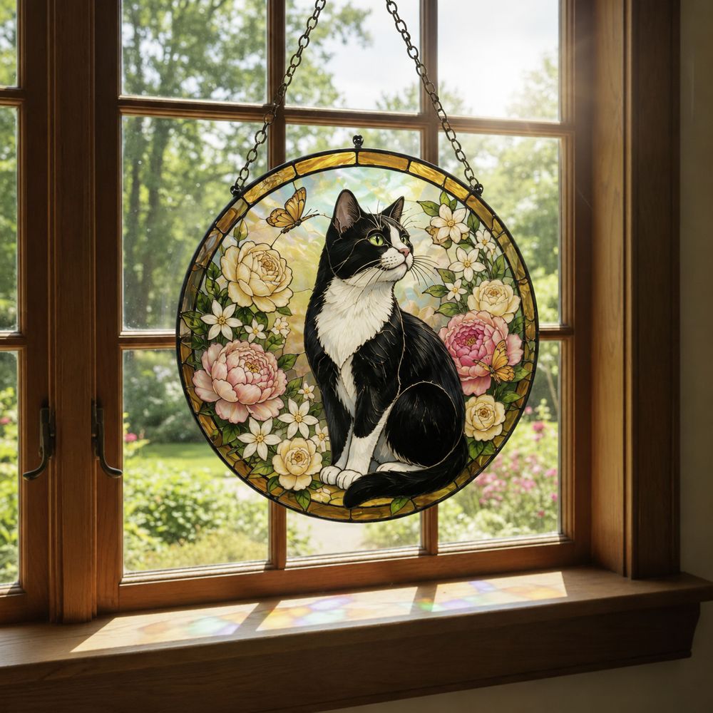 Custom Cat Stained Glass Suncatcher, Pet Lovers Window Hanging, Animal Home Decoration Birthday Gift For Cats Lover, Butterfly Suncatchers - Style 4