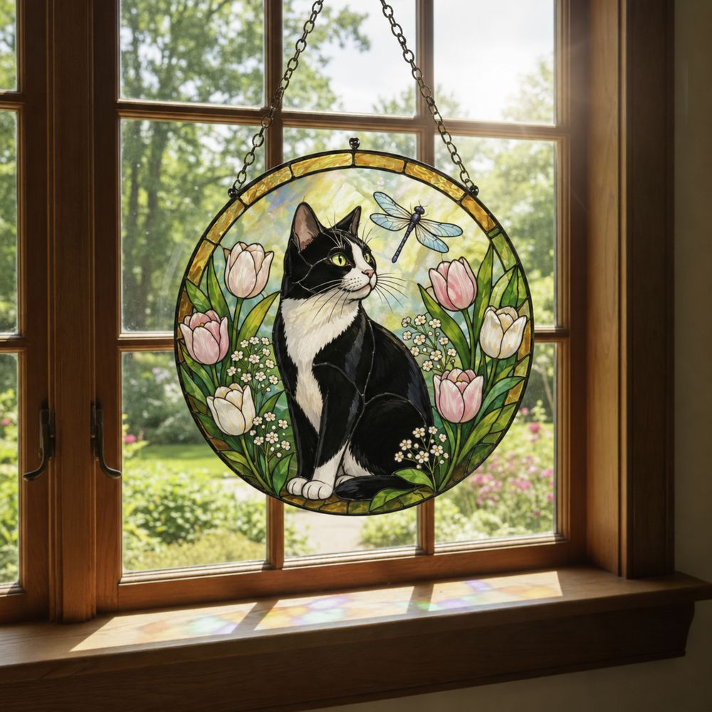Custom Cat Stained Glass Suncatcher, Pet Lovers Window Hanging, Animal Home Decoration Birthday Gift For Cats Lover, Butterfly Suncatchers - Style 5