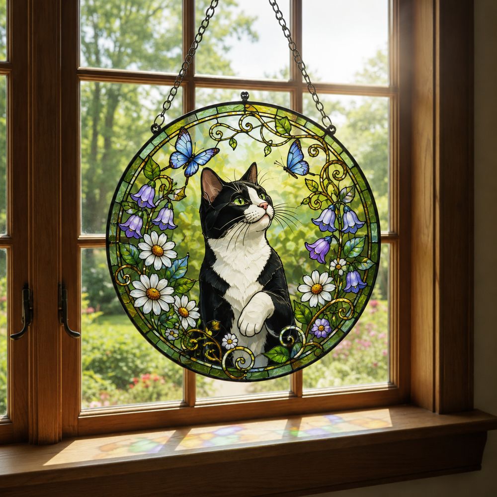 Custom Cat Stained Glass Suncatcher, Pet Lovers Window Hanging, Animal Home Decoration Birthday Gift For Cats Lover, Butterfly Suncatchers - Style 6