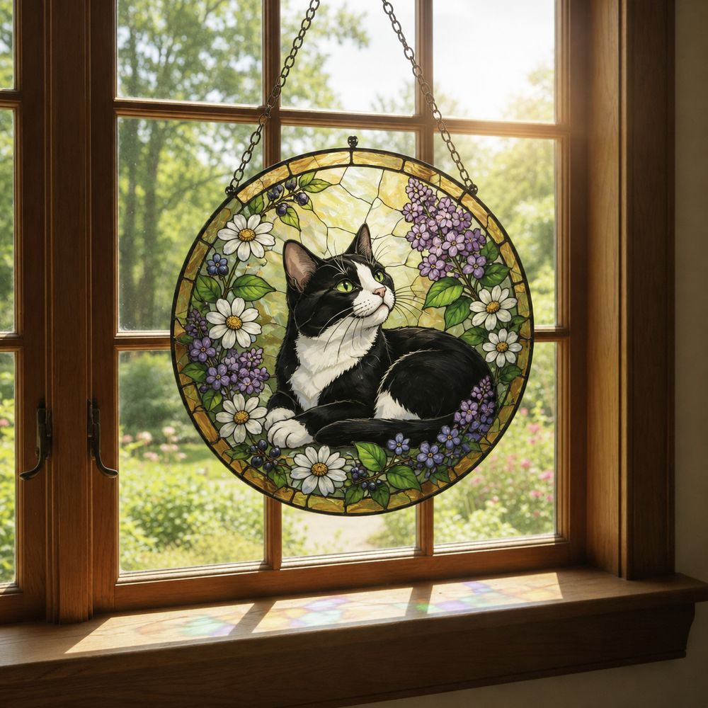 Custom Cat Stained Glass Suncatcher, Pet Lovers Window Hanging, Animal Home Decoration Birthday Gift For Cats Lover, Butterfly Suncatchers - Style 7