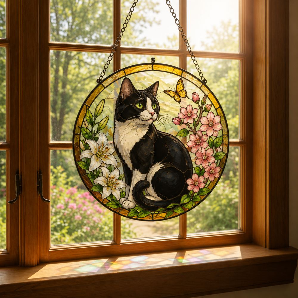 Custom Cat Stained Glass Suncatcher, Pet Lovers Window Hanging, Animal Home Decoration Birthday Gift For Cats Lover, Butterfly Suncatchers - Style 9