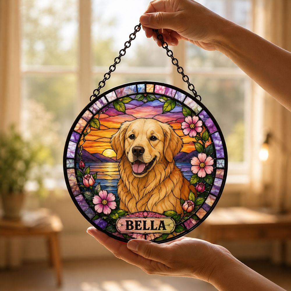 Custom Dog Photo Suncatcher, Stained Glass Pet Window Ornament, Personalized Dog Memorial Gift, Pet Lover Window Decor, For Dog Lovers Gift - Style 1