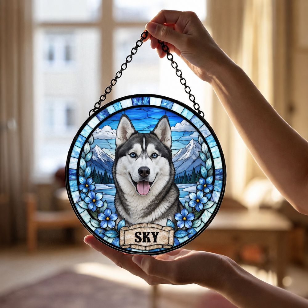 Custom Dog Photo Suncatcher, Stained Glass Pet Window Ornament, Personalized Dog Memorial Gift, Pet Lover Window Decor, For Dog Lovers Gift - Style 7