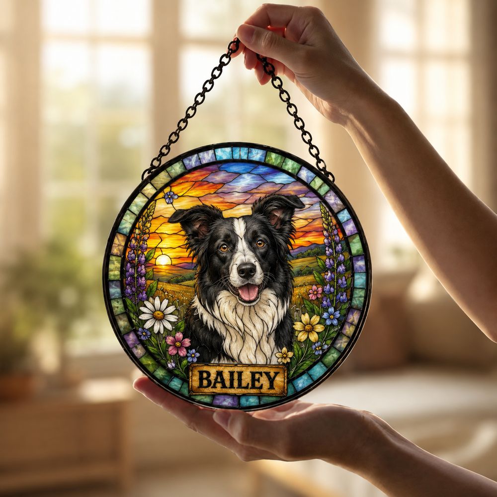 Custom Dog Photo Suncatcher, Stained Glass Pet Window Ornament, Personalized Dog Memorial Gift, Pet Lover Window Decor, For Dog Lovers Gift - Style 9