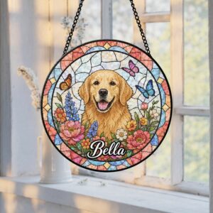Custom Dog Portrait Stained Glass Suncatcher, Pet Memorial Stained Glass Photo Suncatcher, Dog Memorial Gift, Dog Loss, Pet Loss Gift - Style 1
