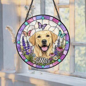 Custom Dog Portrait Stained Glass Suncatcher, Pet Memorial Stained Glass Photo Suncatcher, Dog Memorial Gift, Dog Loss, Pet Loss Gift - Style 2