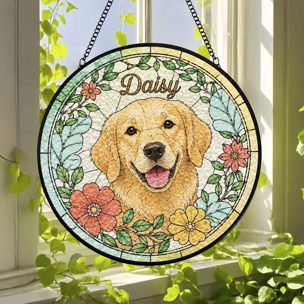 Custom Pet Portrait Stained Glass Suncatcher, Dog Suncatcher Memorial, Dog Portrait Art Suncatcher, Personalized Pet Portrait - Style 3