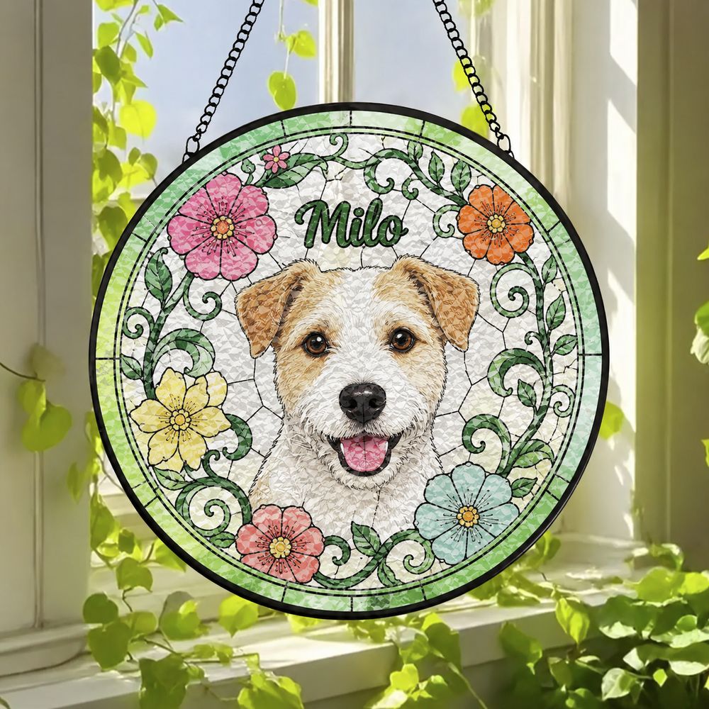 Custom Pet Portrait Stained Glass Suncatcher, Dog Suncatcher Memorial, Dog Portrait Art Suncatcher, Personalized Pet Portrait - Style 4