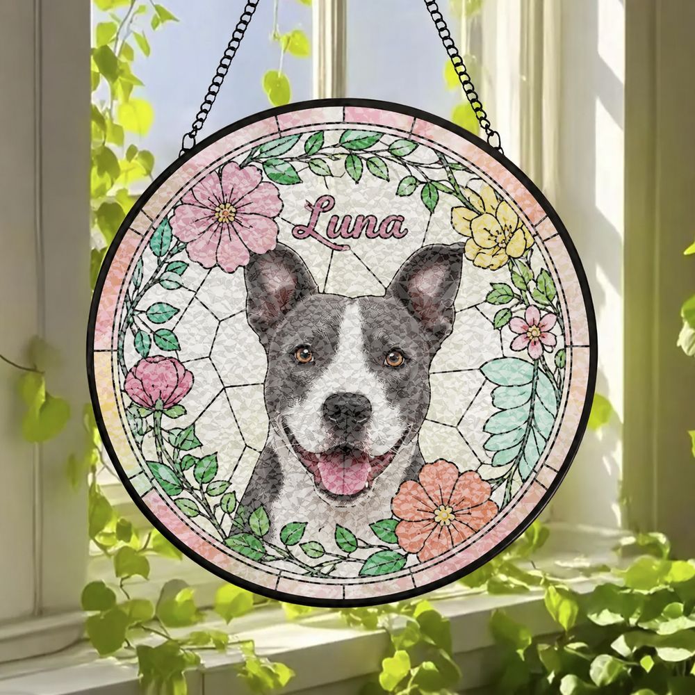 Custom Pet Portrait Stained Glass Suncatcher, Dog Suncatcher Memorial, Dog Portrait Art Suncatcher, Personalized Pet Portrait - Style 5
