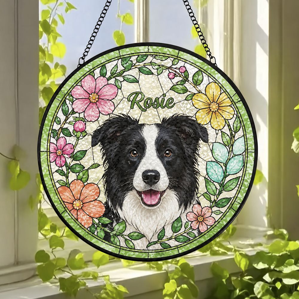 Custom Pet Portrait Stained Glass Suncatcher, Dog Suncatcher Memorial, Dog Portrait Art Suncatcher, Personalized Pet Portrait - Style 9