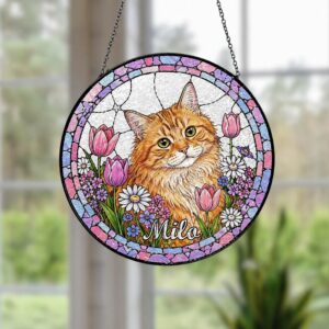 Custom Pet Portrait Stained Glass Suncatcher, Personalized Cat Suncatcher, Pet Keepsake Glass Suncatcher, Memorial Gift For Cat Lover - Style 1