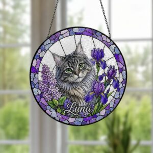 Custom Pet Portrait Stained Glass Suncatcher, Personalized Cat Suncatcher, Pet Keepsake Glass Suncatcher, Memorial Gift For Cat Lover - Style 2