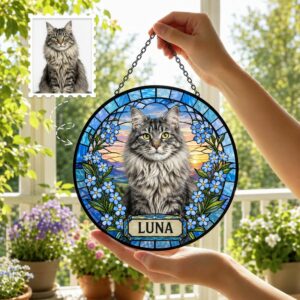 Custom Pet Portrait Stained Glass Suncatcher, Personalized Dog Cat Memorial Window Decor, Dog Cat Loss Sympathy Gift, Pet Tribute Hanging Ornament - Style 1