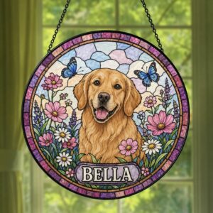 Custom Pet Portrait Stained Glass Suncatcher, Stained Glass Dog Memorial, Custom Dog Portrait From Photo, Sympathy Gifts, Stained Glass Dog - Style 1