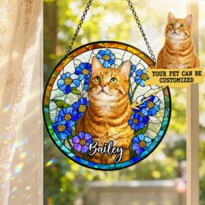 Custom Pet Stained Glass Suncatcher, Pet Memorial Gift, Personalized Dog Cat Memorial Window Decor, Dog Cat Loss Sympathy Gift, Pet Tribute Hanging Ornament - Style 1